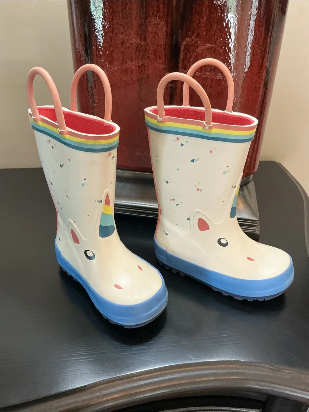 🦄 Kids Unicorn Rain Boots “Wellies” w/Rainbow Trim & Loop Pull-up Straps - Sz